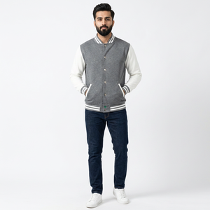 <b>Brushed</b> Sleeve Stand Collar Varsity Jacket for Men with Striped Rib Neck Front <b>Smooth</b> Inside Bold Arm Contrast Street Daily Look - Product Image 1