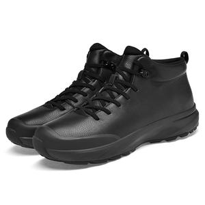 Baskets mi-montantes pour hommes en cuir de vachette pleine fleur, anti-choc, noires tendance, pour l'hiver et la randonnée en extérieur, avec semelle MD+ en caoutchouc et lacets avant, style décontracté - Product Image 3