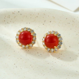 Stud Earrings Red Agate Bezel Setting 925 Silver <b>Post</b> <b>Round</b> Ball Shape Fashion Jewelry Gift - Product Image 1