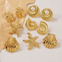 Boucles d'oreilles clous en acier inoxydable gravées avec logo, série Marine, coquillages, étoiles de mer, conques, plaqué or PVD, modèle de bijoux