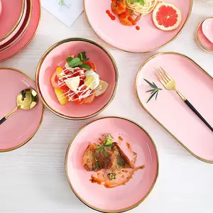 Gold Rim Design Ceramic Dinnerware Set 7 Inch 7.5 Inch 8 Inch 9 Inch 10 Inch Pink Plate Elegant Porcelain Dinner Sets