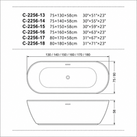 Baignoire ovale autoportante blanche brillante pour rénovation de salle de bain domestique, de 130 cm à 180 cm, profondeur 58 cm