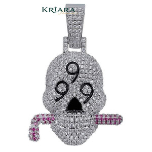 Pendentif crâne en argent 925 plaqué rhodium avec moissanite et pierres roses, style hip hop pour homme - Product Image 1