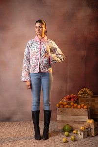Floral Patchwork Quilted Knitted Short Cotton <b>Jacket</b> Handmade <b>Kantha</b> Style Block Printed Spring Women's <b>Jacket</b> - Product Image 4