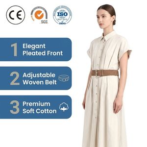 Abito Chemisier Vintage Premium da Donna, Linea ad A, Elegante con Pieghe Frontali, Maniche Corte, Cintura Intrecciata, Naturale, Lavabile, Traspirante, Estivo - Product Image 4