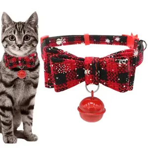 2024 Ano Novo Natal Gato Bow Tie Coleiras Com Sino Xadrez Pet Xmas Collar Traje Para Small Dog Puppy Cat Pet Acessórios