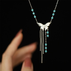 Vintage Jewelry Necklace Stainless Steel <b>Blue</b> <b>Beads</b> Link Chain butterfly Charm Tassel Necklace - Product Image 2