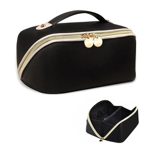 Beige Women Makeup <strong>Bag</strong> <strong>Travel</strong> Waterproof Vegan Leather Cosmetic <strong>Bag</strong> Open Flat <strong>Toiletry</strong> <strong>Bag</strong> With <strong>Clear</strong> Divider and Handle - Product Image 3