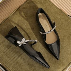 Zapatos Planos de Mujer con Punta Francesa, Diseño de Perlas y Patrón Geométrico, Parte Superior de Cuero Genuino Impermeable, Ligeros - Product Image 6