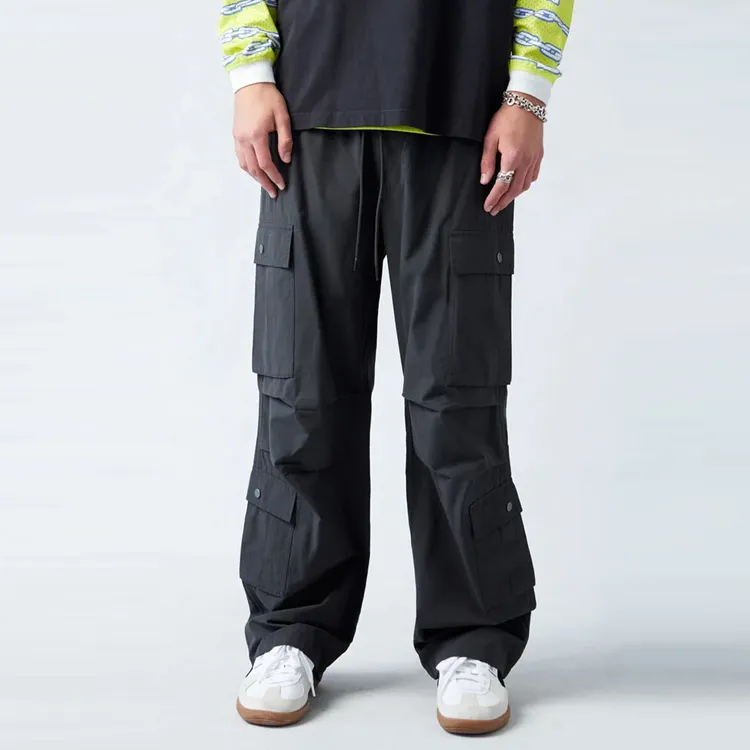 Men wide leg nylon pants loose fit street style multi-pockets cargo pants hip hop black customized mens wide leg trousers