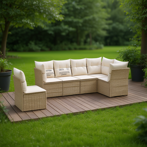 Poly Rattan <b>Garden</b> <b>Sofa</b> Set Beige 6 Seater Outdoor Furniture Contemporary Design Comfortable <b>Garden</b> Set - Product Image 2