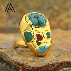 Anello con cornice in pietra naturale blu turchese Amazonite rosso giada placcato oro rame ottone Unisex per festa di nozze <span class=keywords><strong>gioielli</strong></span> fatti a mano - Product Image 1