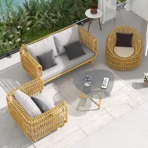 Zeen Gartenmöbel 4 Stück Gelbe Glasplatte Couch tisch Balkon möbel Rattan Outdoor Patio Sofa Set