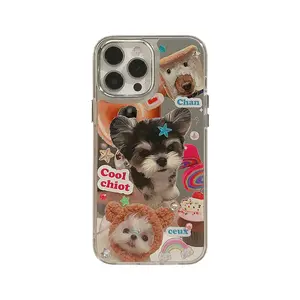 ダイヤモンドステッカー猫犬iPhone15promax電話ケース電気メッキミラーかわいい