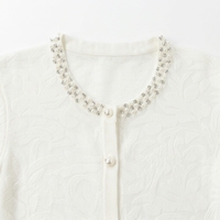 Cardigan élégant en tricot jacquard pour femme, orné de strass et de perles, col rond, boutons perlés, manches longues, léger, blanc, en tricot fin
