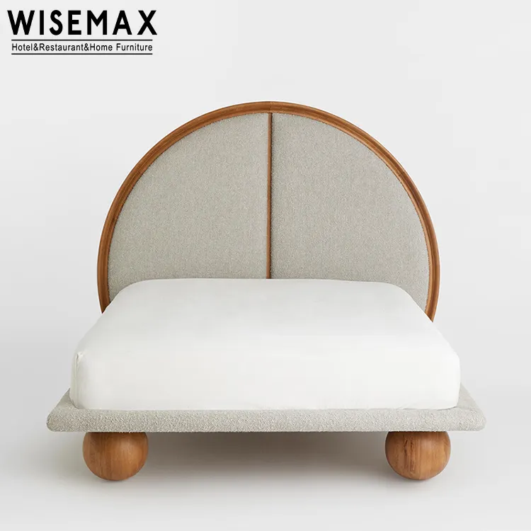 WISEMAX ריהוט מודרני חדר שינה ריהוט מלך גודל אגוז צבע עץ מסגרת פשתן בד בית מיטה זוגית עם עגול רגליים