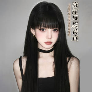 Perruque longue et droite de marques nationales, densité 130%, ligne de cheveux naturelle, noire, pleine tête avec frange latérale, en fibre haute température - Product Image 5