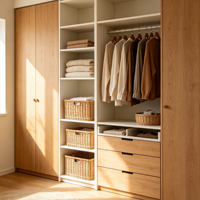 Armoire moderne en bois sur mesure, dressing sur mesure avec tiroirs ouverts et zone de suspension pour chambre et salle à manger