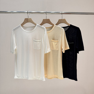 Minimal Knit T-Shirt for Women, Old Money Style Short Sleeve <b>Top</b> with Pocket Detail, Elegant Premium Vibe - Product Image 1