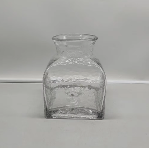 Hand Blown Vintage <b>Square</b> Textured Clear Crystal Glass <b>Vase</b> Modern Farmhouse Living Room Tabletop Rustic Flower Holder - Product Image 2
