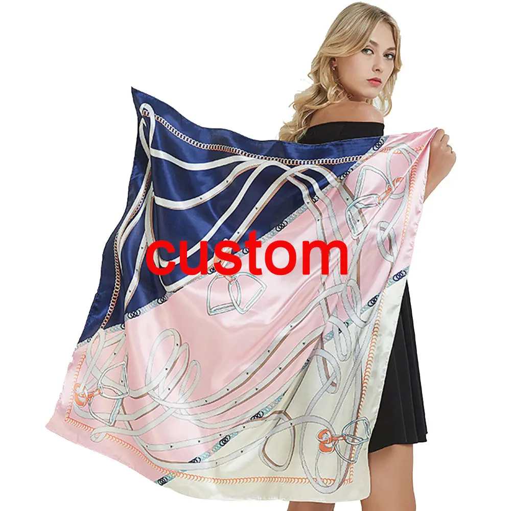 Custom big women digital printing satin pure silk scarf 90*90 cm hair square polyester ethicon soie scarves ladies BB