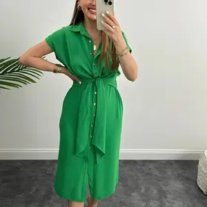 Mùa Hè Mới Tie Tính Khí Ngắn Tay Áo Phụ Nữ Thanh Lịch Áo Sơ Mi Giản Dị Dresses Phụ Nữ