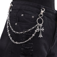 Chaîne de taille Hip Hop en denim à double couche avec pendentif croix et double anneau pour hommes et femmes, style punk, usage quotidien, argent tibétain