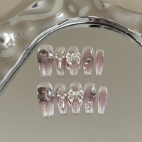 Uñas Postizas Hechas a Mano de Lujo con Lazo 3D, Efecto Ojo de Gato Mauve, Reutilizables, Largas, Forma Ataúd, con Puntas Adhesivas