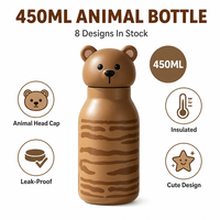 Botol minum terinsulasi berbentuk kepala hewan kartun lucu di meja sekolah, tutup berbentuk gajah, desain lucu, botol termos kepala rusa untuk bepergian