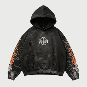 <span class=keywords><strong>Felpa</strong></span> con Cappuccio Oversize Stile Streetwear con Stampa Integrale, Effetto Acid Wash, Croce Gotica, Personalizzabile - Product Image 1