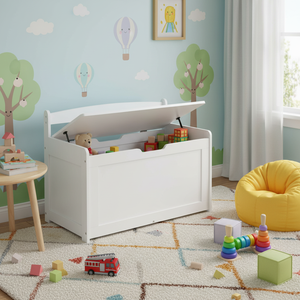 Grande Baule Portagiochi in Legno Bianco per Bambini, Contenitore con Coperchio a Ribalta e Cerniera di Sicurezza, per Sala Giochi, Camera da Letto, Soggiorno, Ingresso, Prodotto in Cina - Product Image 3