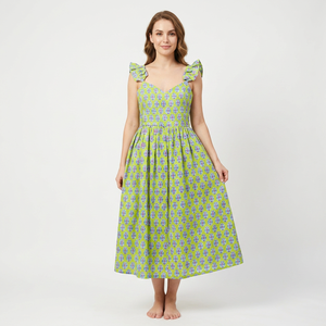 Vestido Largo de Verano para Mujer, Estampado Floral Ecológico, Sin Mangas, Corte en A, con Volantes, Cuello en V, 100% Algodón - Product Image 1