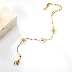Stainless Steel Jewelry <b>Pearl</b> <b>Bracelet</b> Women Charm 18K Gold Plated Beaded Chain Sunflower Minimalist Design 3 Flower <b>Bracelet</b> - Product Image 5