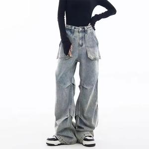 High Street Style Heavy Zipper Femmes Multi-poches Cargo Jeans Baggy Stack Jeans Denim Femmes Cargo Mujer Pantalones - Product Image 1