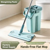 Serpillère plate mains libres avec seau, système intégré de lavage et séchage, tête en acier inoxydable, manche de 33 cm, grande serpillère pour le nettoyage des sols domestiques