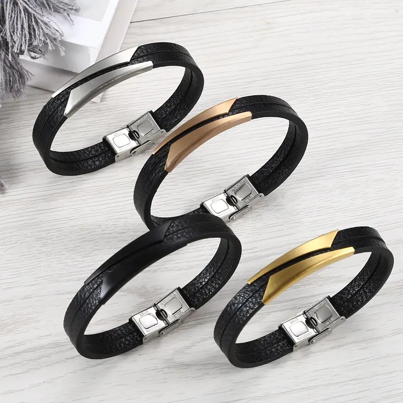 Stainless steel PU wristband Men Double leather rope bracelet rose gold plated Hand jewelry