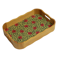 Plateau de rangement en bois avec poignées découpées, imprimé léopard, doublure en tissu rose, plateau organisateur pour bijoux, cosmétiques, petits objets