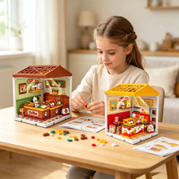 Kit de Montaje de Mini Casa DIY, Miniatura de Tienda, Modelo de Escena en Miniatura, Juguete de Construcción de Tienda de Repostería, Helados, Café y Hamburguesas para Niños