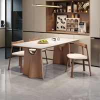 Ensemble de table à manger en bois massif de style mid-century, plateau en dalle de pierre, écologique, durable, forme rectangulaire, pour petits appartements, 4 chaises