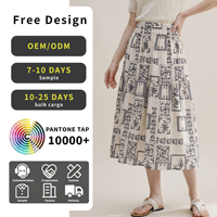 Jupe midi pour femme avec logo personnalisé, motif graphique vintage style français imprimé, taille haute élastique smockée, coupe trapèze en coton