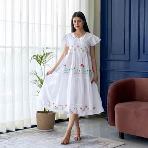 White Floral Embroidered Cotton Midi <b>Dress</b> V-Neck <b>Ruffle</b> Sleeve A-Line Loose Fit Casual Summer Wear - Product Image 1