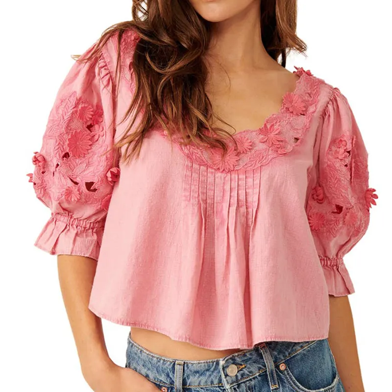 Blusa de verão floral feminina de algodão personalizada, blusa curta de cor pura para mulheres sem costas, roupas femininas curtas