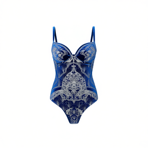 Costume da bagno intero HDJ Plus Size in velluto argento blu, con controllo pancia, push-up, scollo profondo, vita alta e stampa floreale da donna - Product Image 1