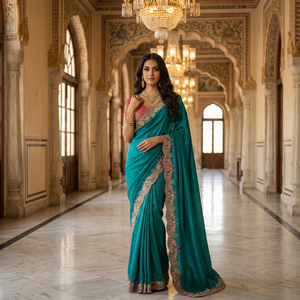Sari Tradicional de Seda con Estampado Digital y Bordado para Mujeres Indias y Pakistaníes, Vestido para Bodas y Fiestas, para Todas las Temporadas - Product Image 1