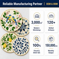 Set de table rond en perles de verre blanches imprimées sur mesure, motif branche de fleur d'oiseau bleu, pour la vente en gros
