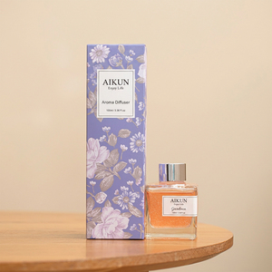 Aikun Low MOQ Fast 7 Day Ship 100ml Purple Floral Box Square Glass Bottle Sticker Any Scent Lasting Reed Diffuser <b>Set</b> for Shop - Product Image 1
