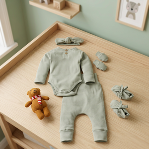 Ensembles de vêtements pour bébé en bambou biologique et élasthanne de qualité supérieure, lot de 5 avec bandeau couleur sauge, Inde - Product Image 2