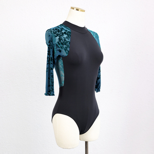 Justaucorps d'entraînement de ballet professionnel élastique dos ouvert conception avec manches en maille florale sarcelle noir Spandex et nylon matériel - Product Image 4