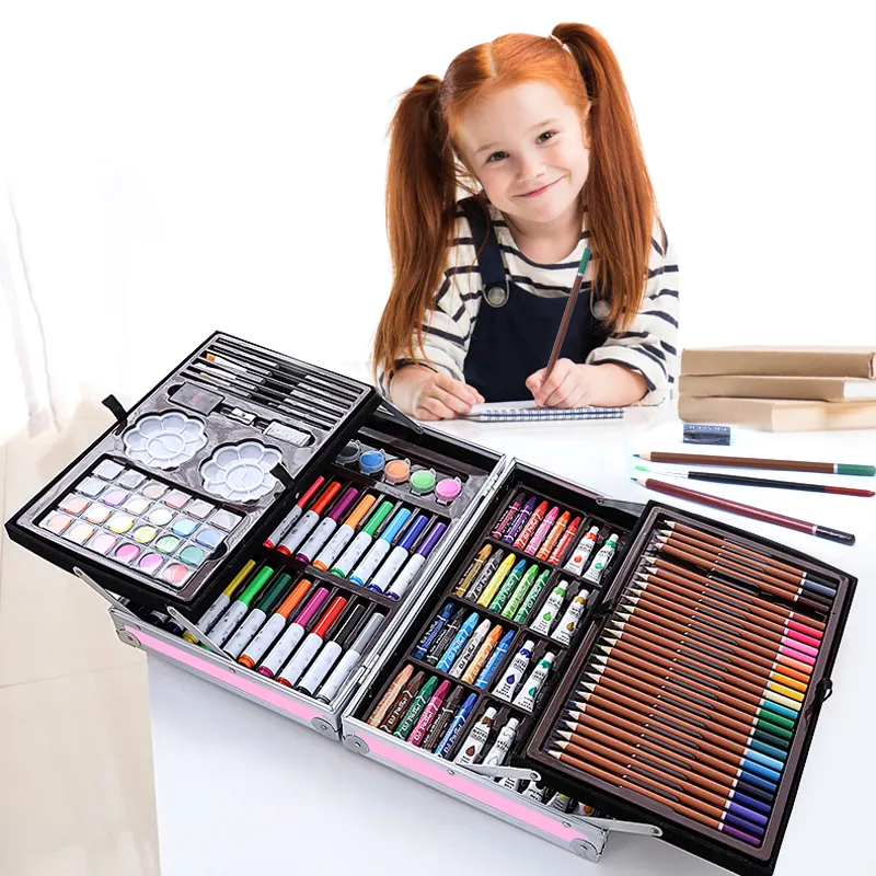 ขายร้อน145ชิ้นวาดของเล่นเด็กวาดชุดศิลปะ,กล่องอลูมิเนียมชุดวาดภาพสีน้ำปากกาเครื่องเขียนที่กำหนดเอง