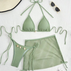 סט ביקיני חלקים 3 חלקים עם חצאית רשת נשימת ספנדקס נשימה/פוליאסטר חוף הקיץ - Product Image 5